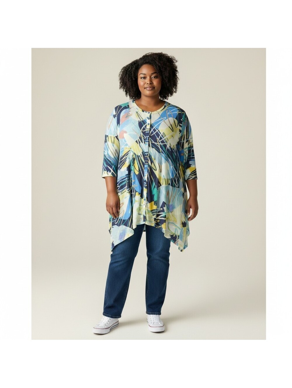 Logo Layers Top Women XL Blue Floral Button Up 3/4 Sleeve Stretch Casual